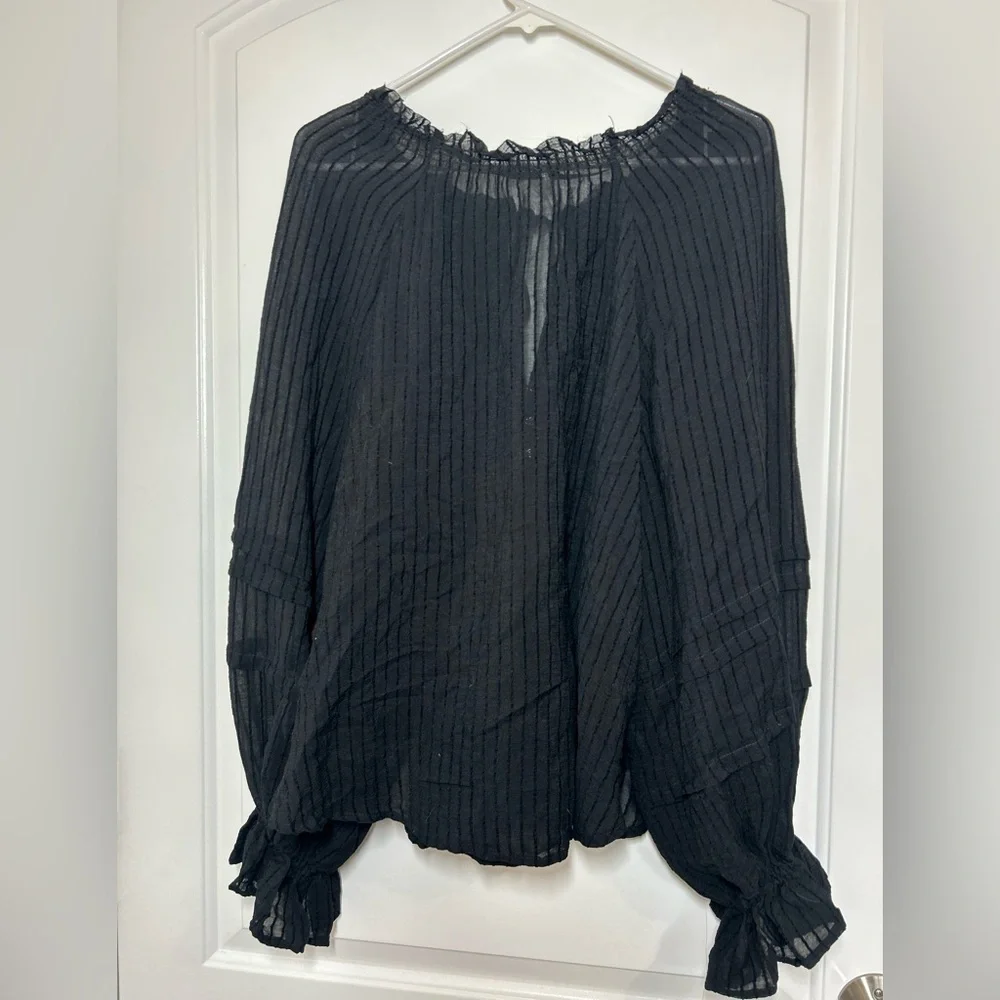 Free People Out Of Town Top Off the Shoulder Smocked Puff Sleeves Sheer Boho S